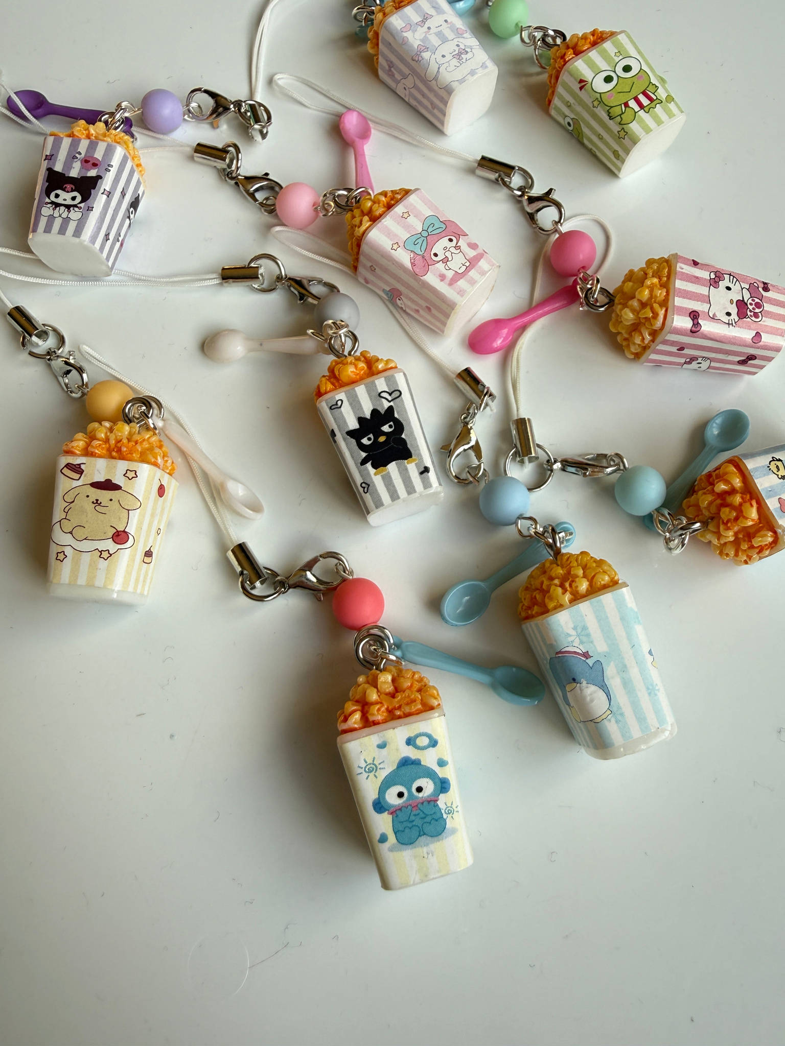 Sanrio Inspired Popcorn Phone Charms – Kuromi, Hello Kitty, Keroppi, Cinnamoroll Kawaii Popcorn Keychains, Cute Anime Bag Charm Beadsbylillixx