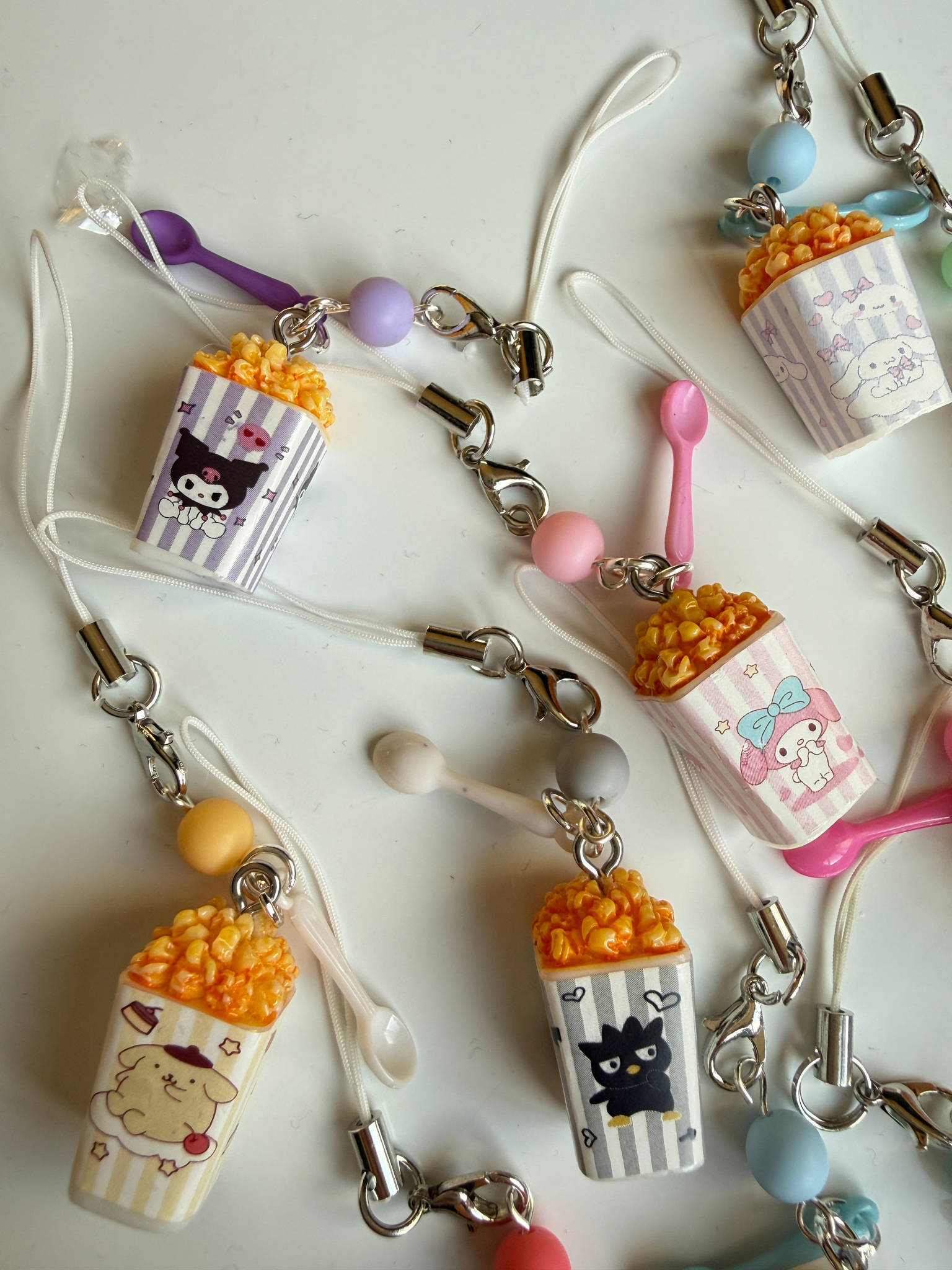 Sanrio Inspired Popcorn Phone Charms – Kuromi, Hello Kitty, Keroppi, Cinnamoroll Kawaii Popcorn Keychains, Cute Anime Bag Charm Beadsbylillixx
