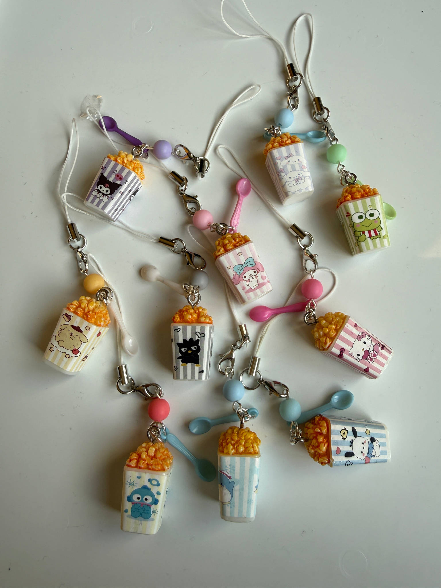 Sanrio Inspired Popcorn Phone Charms – Kuromi, Hello Kitty, Keroppi, Cinnamoroll Kawaii Popcorn Keychains, Cute Anime Bag Charm Beadsbylillixx
