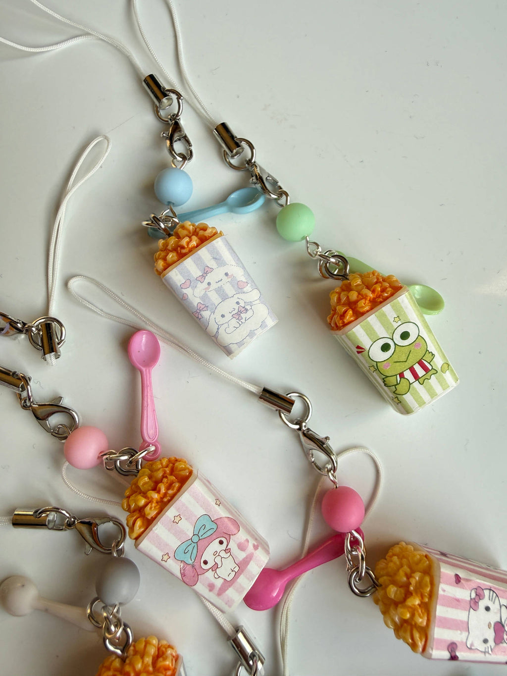Sanrio Inspired Popcorn Phone Charms – Kuromi, Hello Kitty, Keroppi, Cinnamoroll Kawaii Popcorn Keychains, Cute Anime Bag Charm Beadsbylillixx