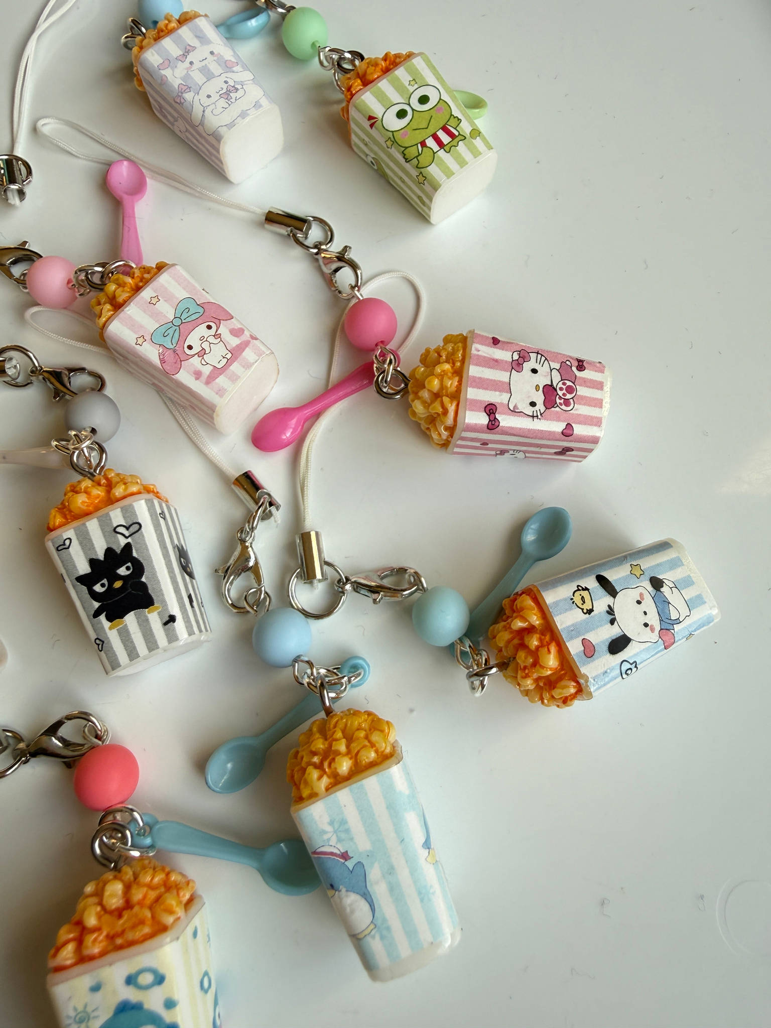 Sanrio Inspired Popcorn Phone Charms – Kuromi, Hello Kitty, Keroppi, Cinnamoroll Kawaii Popcorn Keychains, Cute Anime Bag Charm Beadsbylillixx
