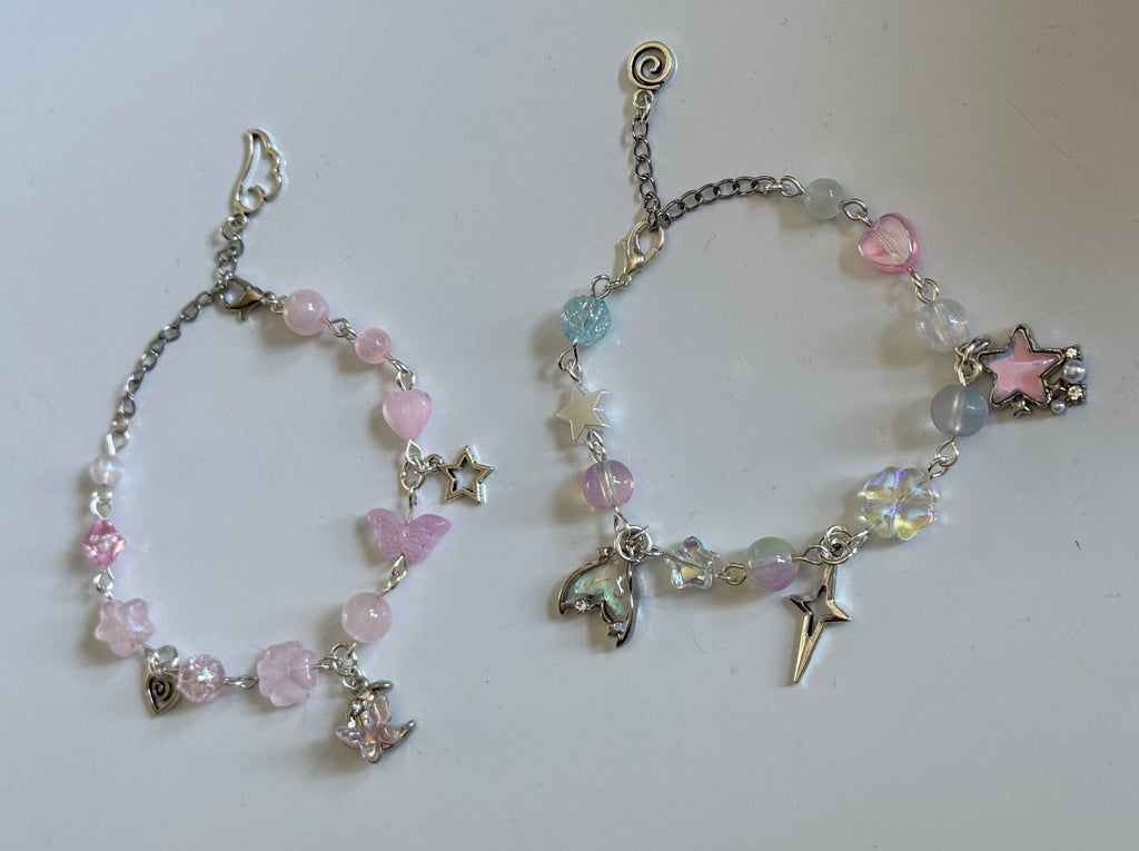 Whimsical Pastel Charm Bracelet – Silver Plated Star, Butterfly & Moon Beaded Bracelet | Fairycore Jewellery Beadsbylillixx